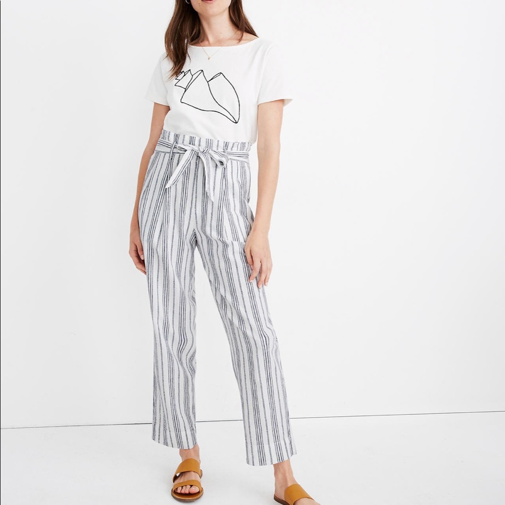 Linen-Cotton Paperbag Pants in Dark Baltic Stripe